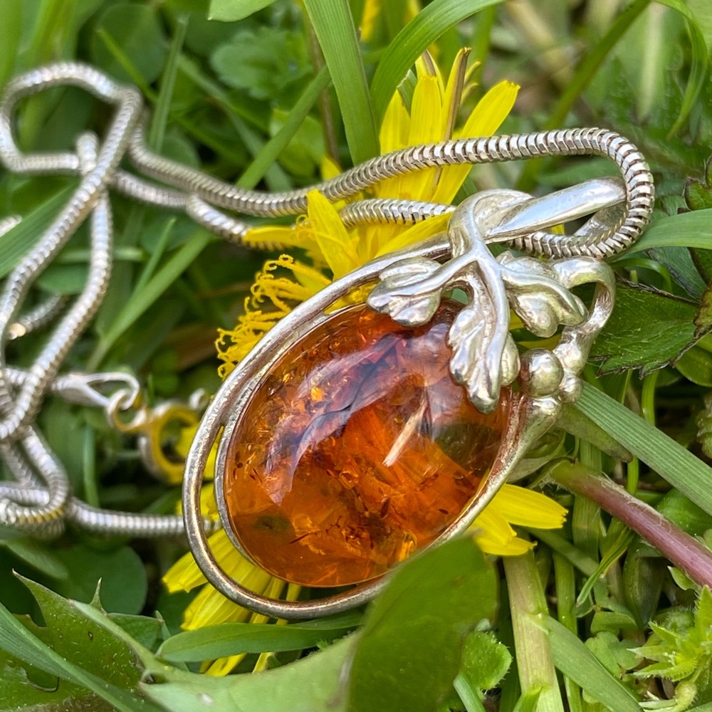 Polish Amber Sterling Silver Pendant with Chain